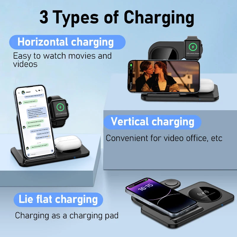 300W Fast Wireless Charger Stand Pad Foldable Fast Charging Station Dock for iPhone 16 15 14 13 12 Pro Max Apple Watch Airpods - Omnia 