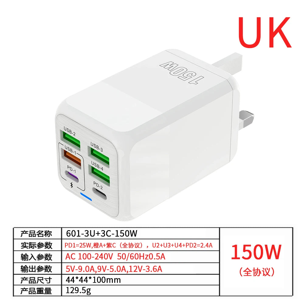 150W 6 Ports Pd QC 4.0 Usb C Fast Charger Wall Adapter Super Fast Charging For Iphone Samsung Ipad Xiaomi Huawei Oneplus Oppo - Omnia 