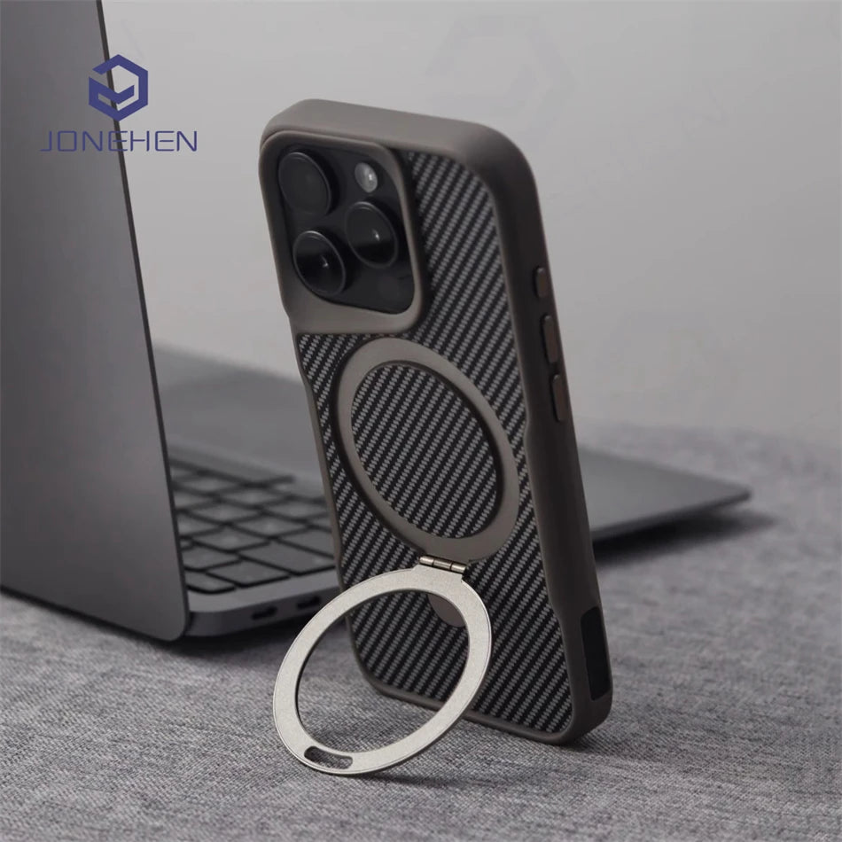 Luxury For Magsafe Shockproof Frame Armor Case For iPhone 13 15 12 14 16 17 Pro Max Metal Bracket Carbon Fiber Pattern Cover - Omnia 