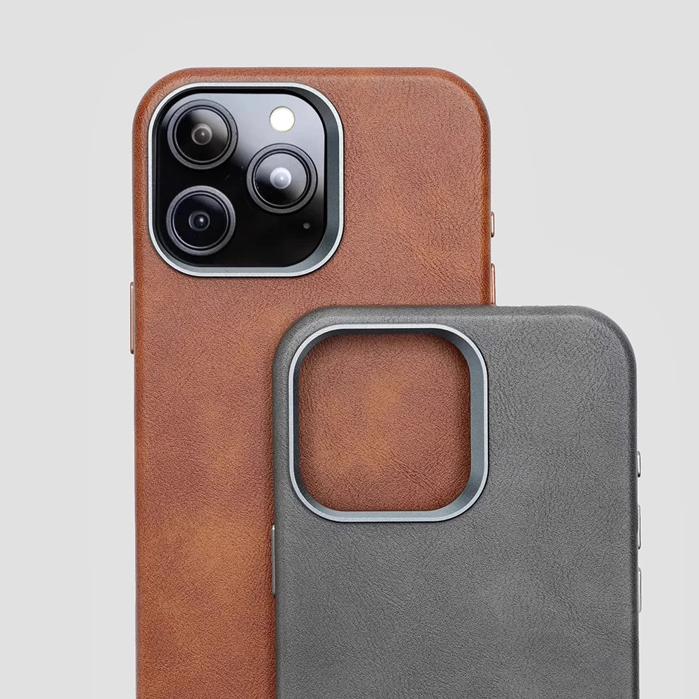 Premium Vintage Leather Magnetic Phone Case for IPhone 16 14 13 15 Pro Max Wireless Charging Alloy Camera Shockproof Back Cover - Omnia 