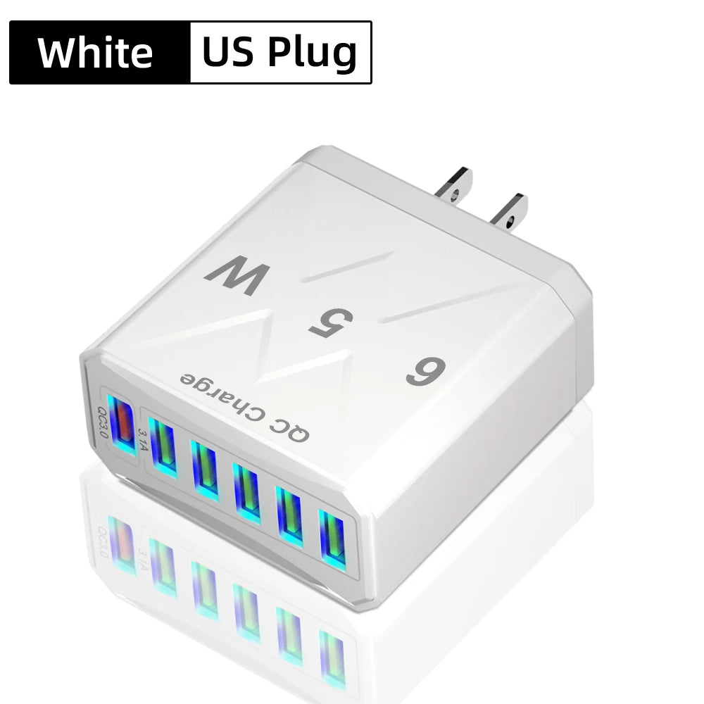 65W 6 Ports USB Charger Fast Charging QC3.0 Travel Charger For iPhone 14 Samsung Xiaomi Mobile Phone Adapter EU KR US UK Plug - Omnia 
