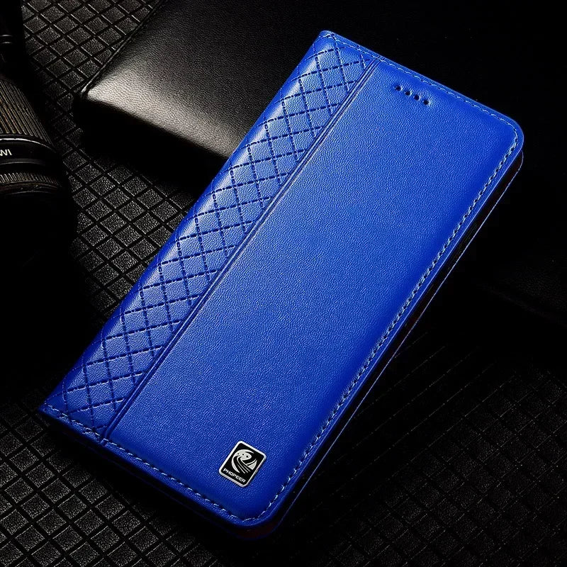APPLE iPhone Flip Case Grid Pattern Magnetic Cover Cowhide Genuine Leather Wallet Covers - Omnia 