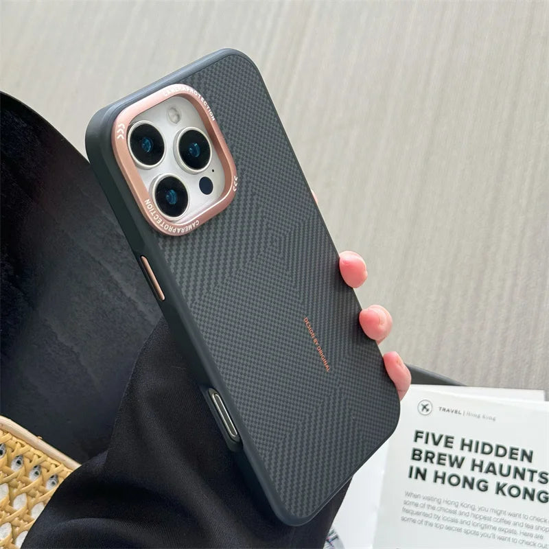 Matte Carbon Fiber Texture Magnetic Case For iPhone 16 15 14 Pro Max Wireless Charging Alloy Lens Shockproof MagSafe Phone Cover - Omnia 