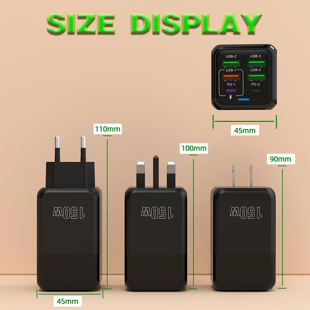 150W 6 Ports Pd QC 4.0 Usb C Fast Charger Wall Adapter Super Fast Charging For Iphone Samsung Ipad Xiaomi Huawei Oneplus Oppo - Omnia 