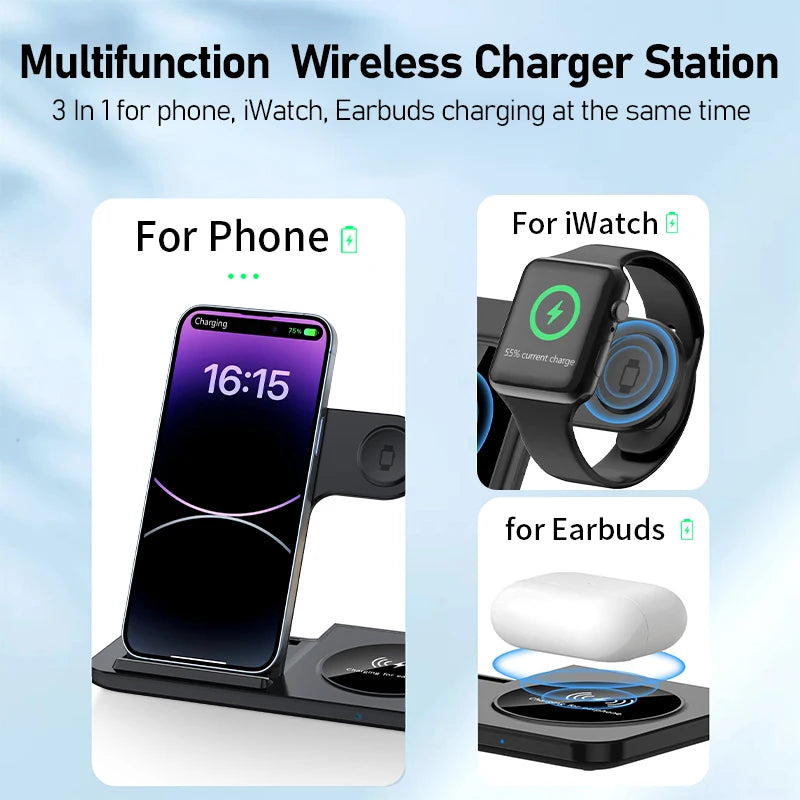 300W Fast Wireless Charger Stand Pad Foldable Fast Charging Station Dock for iPhone 16 15 14 13 12 Pro Max Apple Watch Airpods - Omnia 