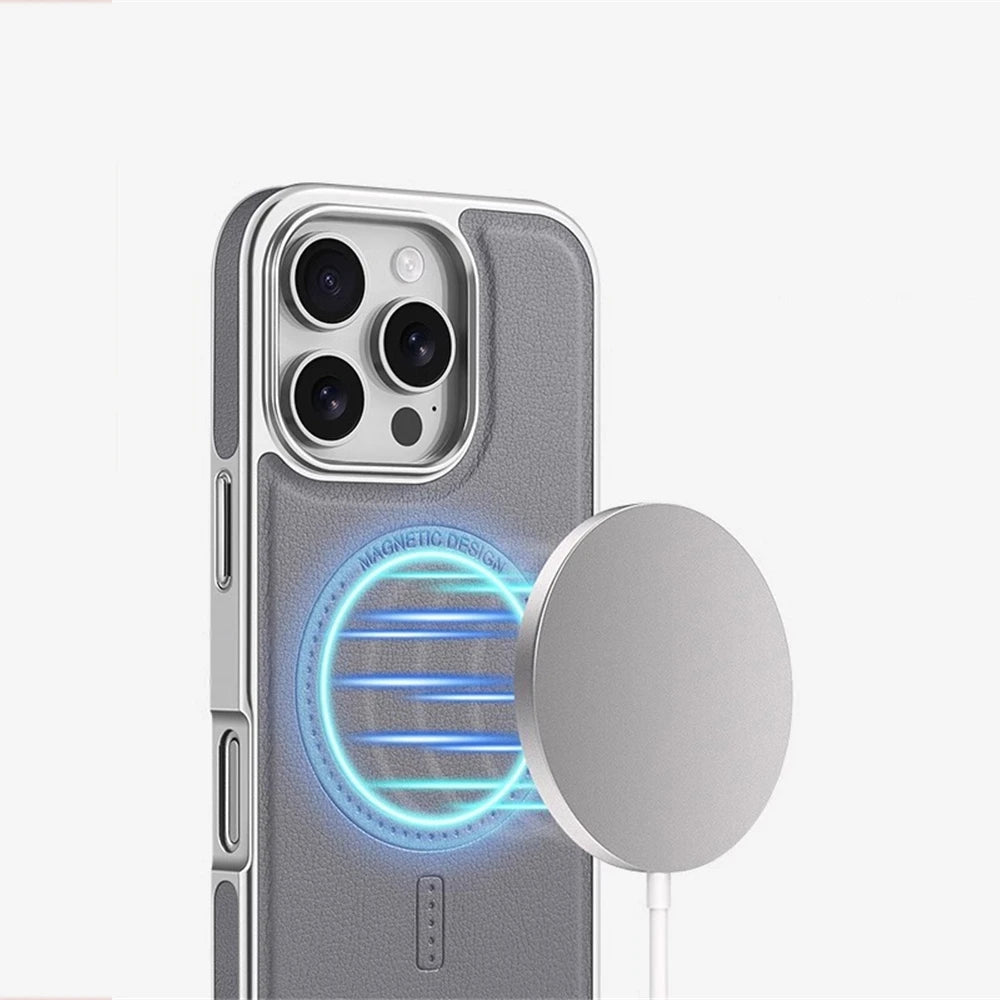 Luxury Plating Frame PU Leather Magnetic Shockproof Case For iPhone 17 Pro Max Air 16 15 14 13 For Magsafe Wireless Charge Cover - Omnia 