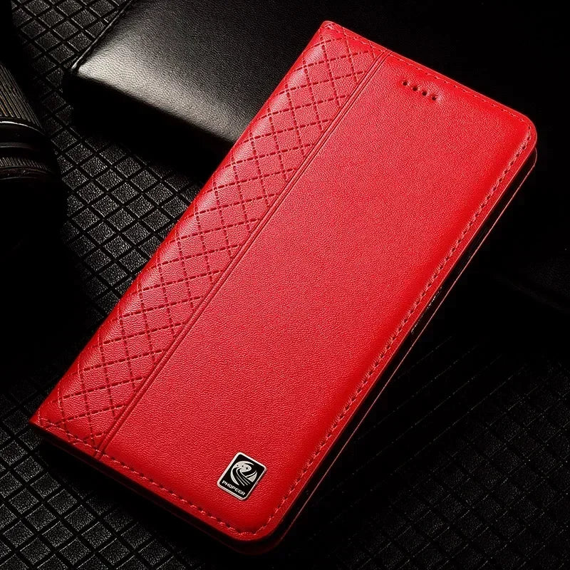 APPLE iPhone Flip Case Grid Pattern Magnetic Cover Cowhide Genuine Leather Wallet Covers - Omnia 