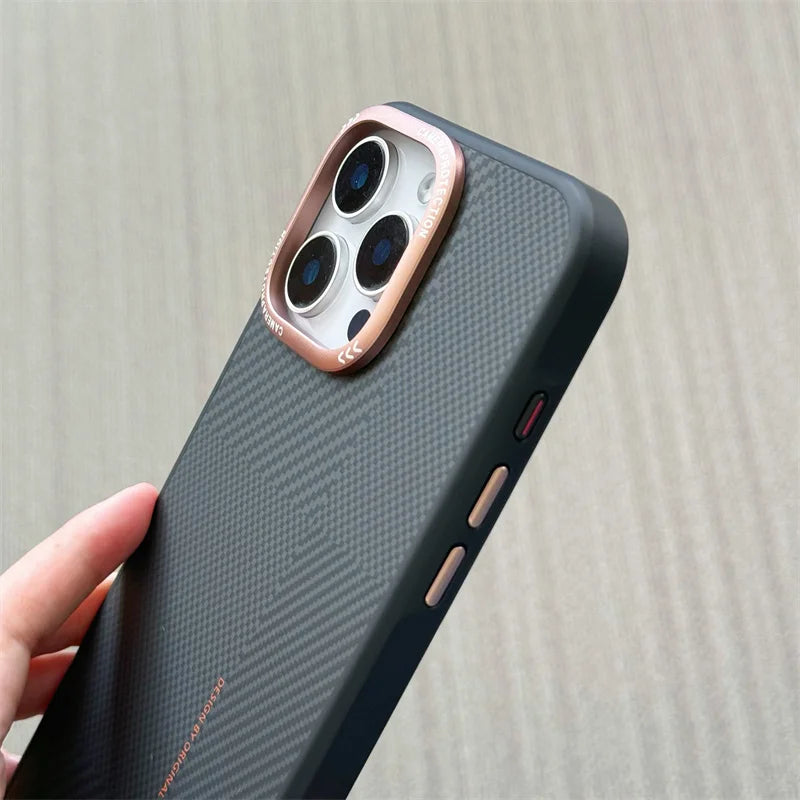 Matte Carbon Fiber Texture Magnetic Case For iPhone 16 15 14 Pro Max Wireless Charging Alloy Lens Shockproof MagSafe Phone Cover - Omnia 