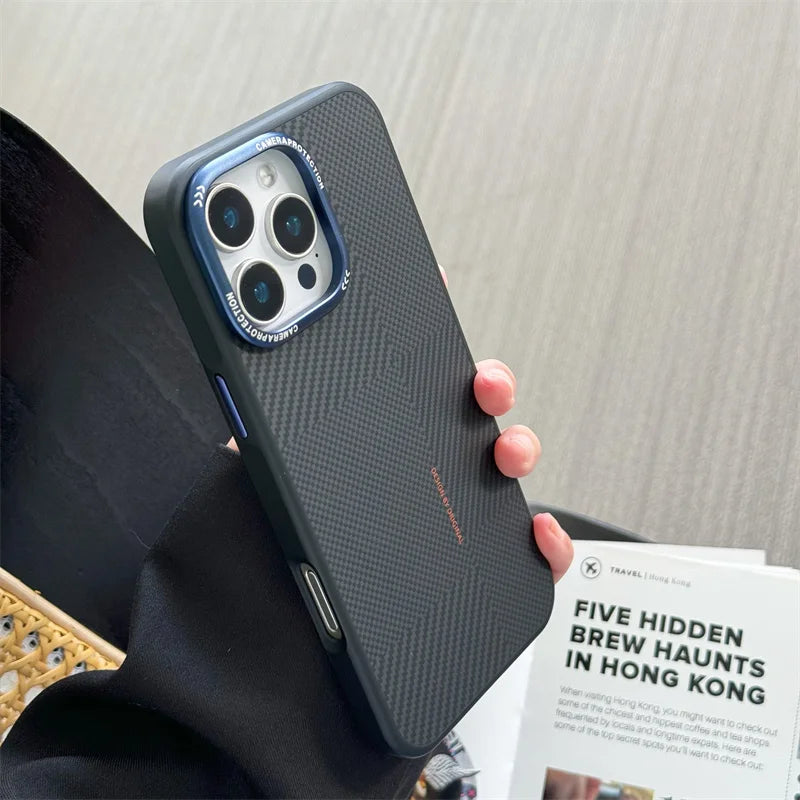 Matte Carbon Fiber Texture Magnetic Case For iPhone 16 15 14 Pro Max Wireless Charging Alloy Lens Shockproof MagSafe Phone Cover - Omnia 