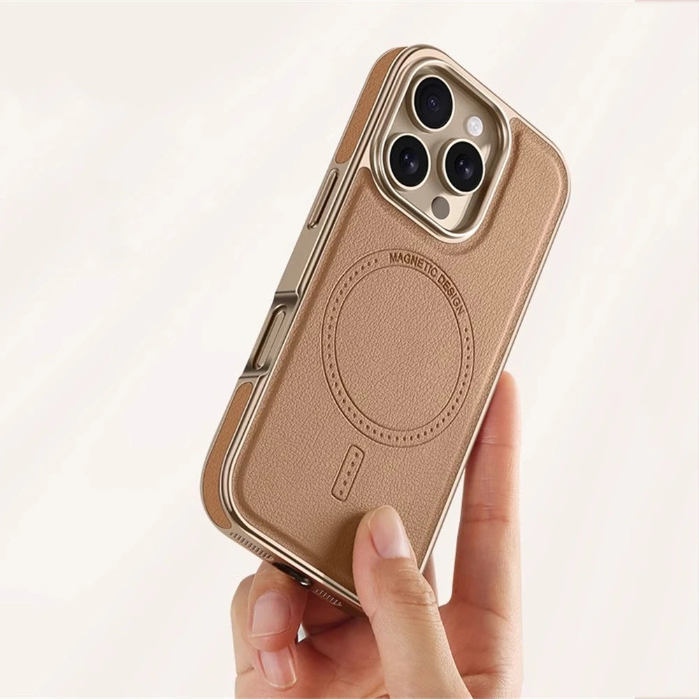 Luxury Plating Frame PU Leather Magnetic Shockproof Case For iPhone 17 Pro Max Air 16 15 14 13 For Magsafe Wireless Charge Cover - Omnia 