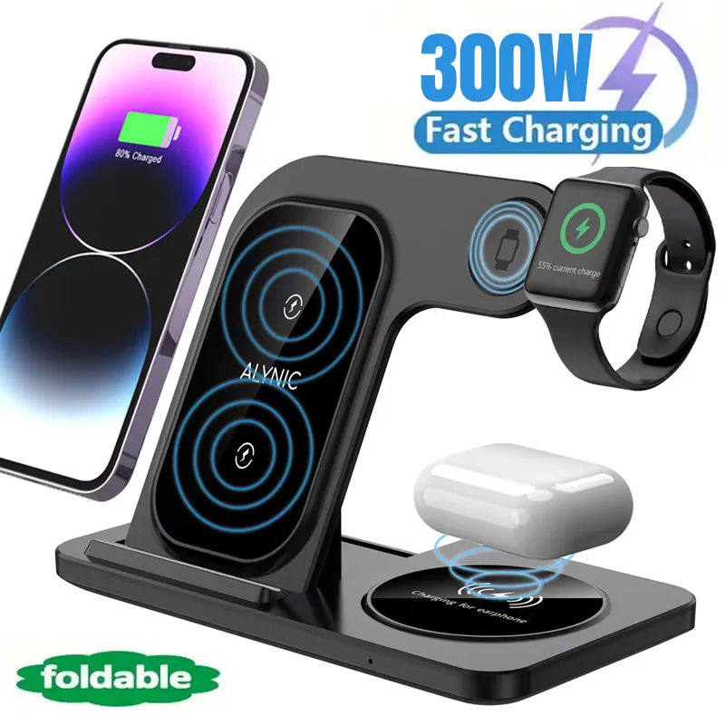 300W Fast Wireless Charger Stand Pad Foldable Fast Charging Station Dock for iPhone 16 15 14 13 12 Pro Max Apple Watch Airpods - Omnia 
