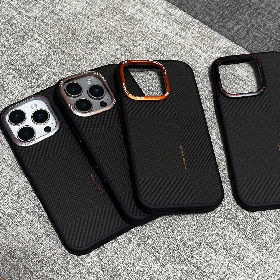 Matte Carbon Fiber Texture Magnetic Case For iPhone 16 15 14 Pro Max Wireless Charging Alloy Lens Shockproof MagSafe Phone Cover - Omnia 