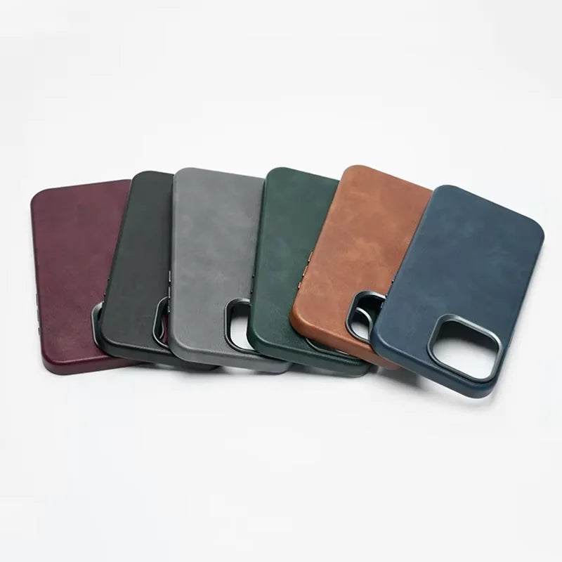 Premium Vintage Leather Magnetic Phone Case for IPhone 16 14 13 15 Pro Max Wireless Charging Alloy Camera Shockproof Back Cover - Omnia 