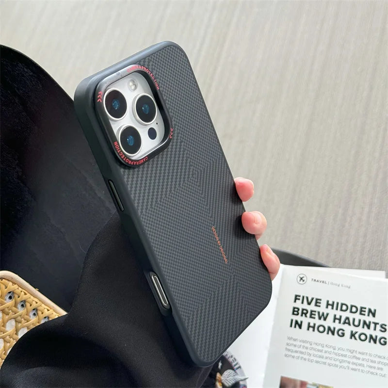 Matte Carbon Fiber Texture Magnetic Case For iPhone 16 15 14 Pro Max Wireless Charging Alloy Lens Shockproof MagSafe Phone Cover - Omnia 