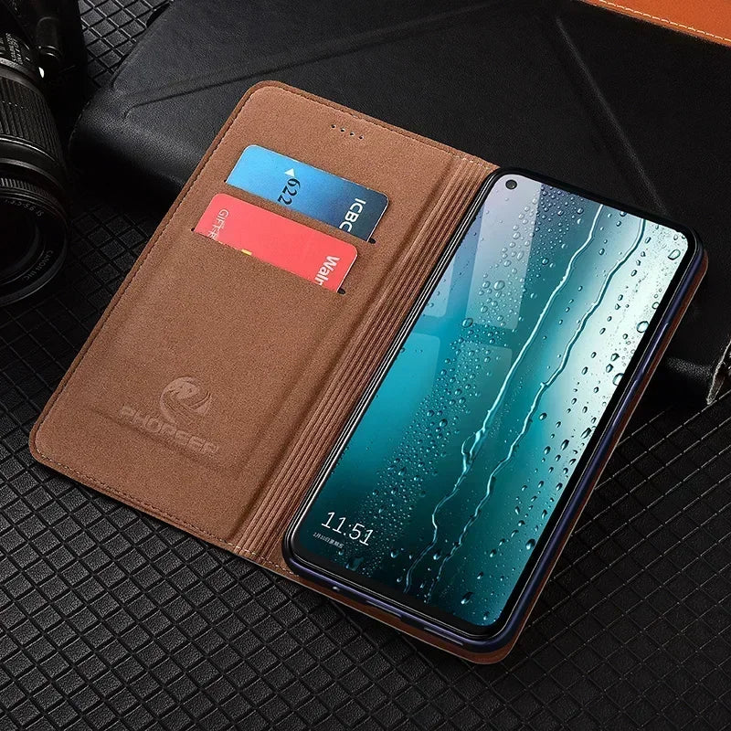 APPLE iPhone Flip Case Grid Pattern Magnetic Cover Cowhide Genuine Leather Wallet Covers - Omnia 