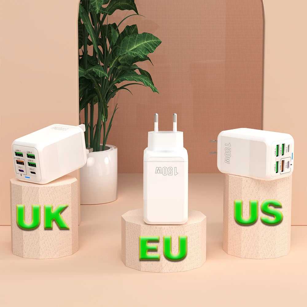 150W 6 Ports Pd QC 4.0 Usb C Fast Charger Wall Adapter Super Fast Charging For Iphone Samsung Ipad Xiaomi Huawei Oneplus Oppo - Omnia 