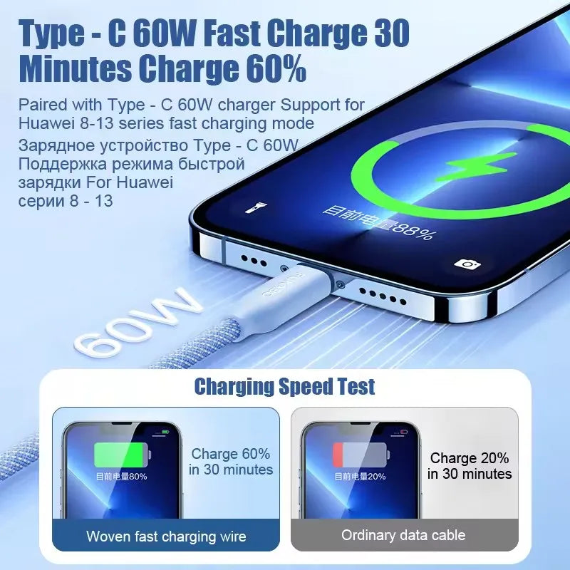 USB Type C PD 60W Cable Fast Charging Braided Cables For iPhone 15 16 Pro Max Plus For Xiaomi Redmi Phone Charge Accessory Wire - Omnia 