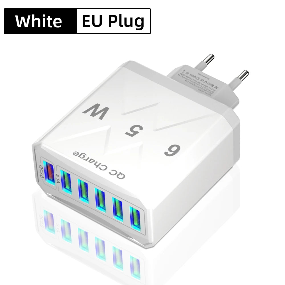 65W 6 Ports USB Charger Fast Charging QC3.0 Travel Charger For iPhone 14 Samsung Xiaomi Mobile Phone Adapter EU KR US UK Plug - Omnia 