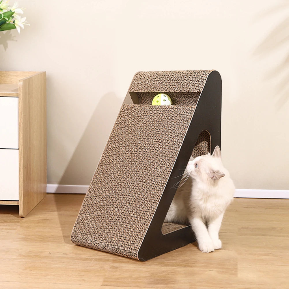 2 In 1 Cat Scratcher Cardboard Triangles Shaped With Spinnings Balls Sturdy Anti-Scratch Relieves Cat Stress Toy For Pet Use - Omnia 
