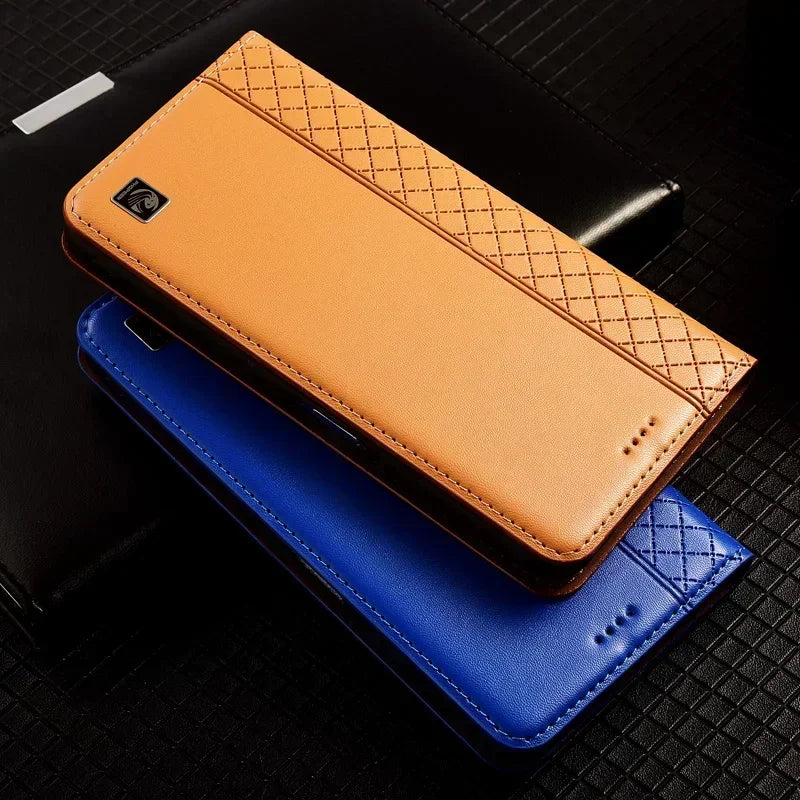APPLE iPhone Flip Case Grid Pattern Magnetic Cover Cowhide Genuine Leather Wallet Covers - Omnia 