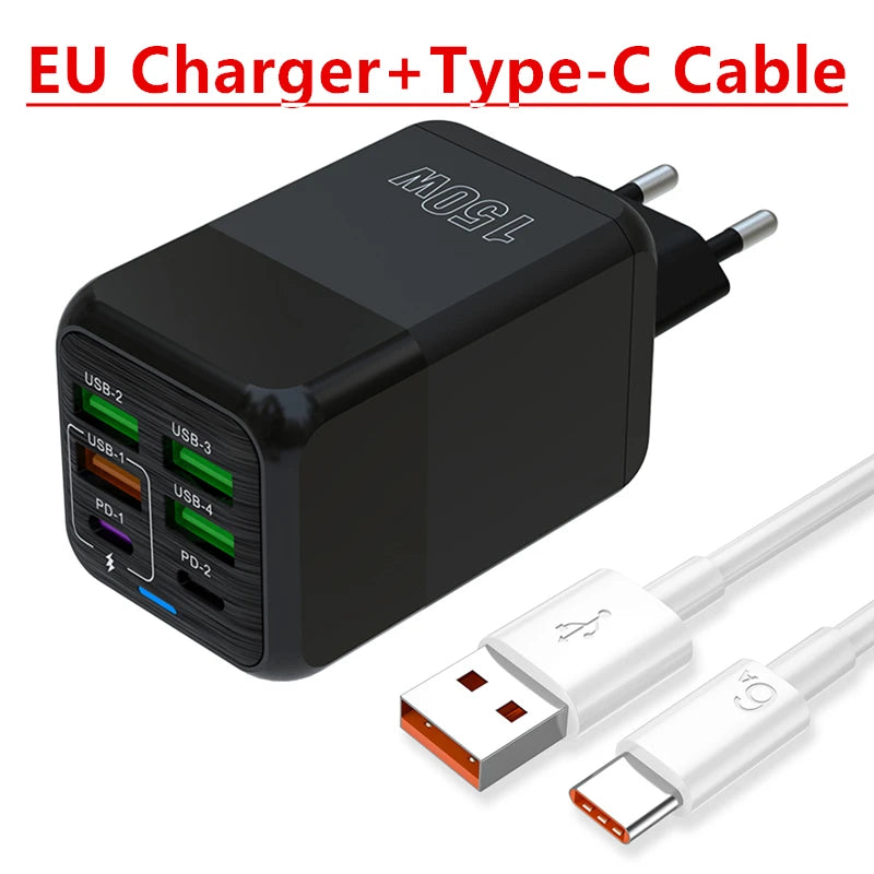 150W 6 Ports Pd QC 4.0 Usb C Fast Charger Wall Adapter Super Fast Charging For Iphone Samsung Ipad Xiaomi Huawei Oneplus Oppo - Omnia 