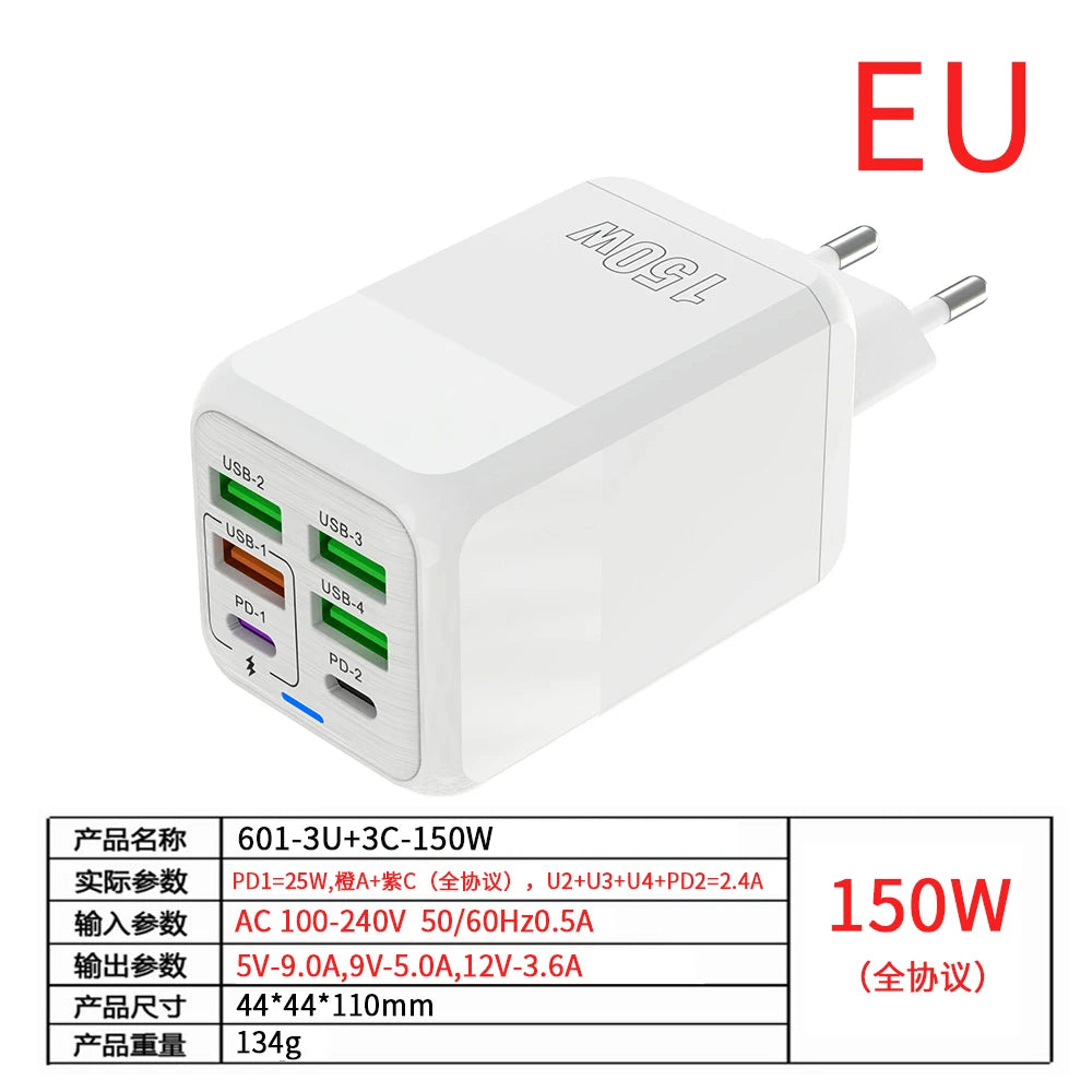 150W 6 Ports Pd QC 4.0 Usb C Fast Charger Wall Adapter Super Fast Charging For Iphone Samsung Ipad Xiaomi Huawei Oneplus Oppo - Omnia 