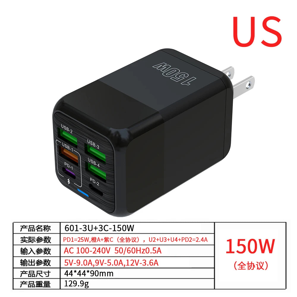 150W 6 Ports Pd QC 4.0 Usb C Fast Charger Wall Adapter Super Fast Charging For Iphone Samsung Ipad Xiaomi Huawei Oneplus Oppo - Omnia 
