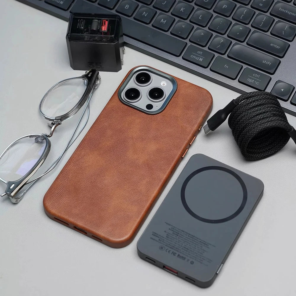 Premium Vintage Leather Magnetic Phone Case for IPhone 16 14 13 15 Pro Max Wireless Charging Alloy Camera Shockproof Back Cover - Omnia 