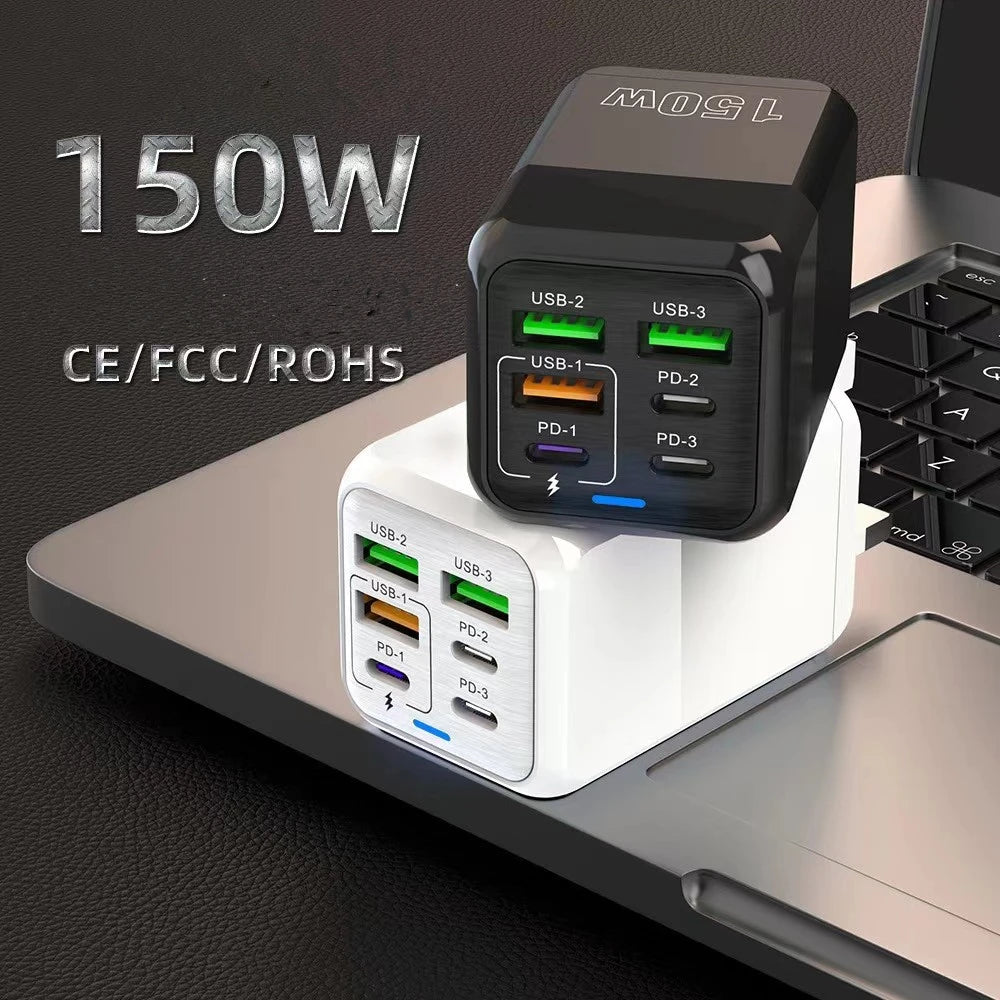 150W 6 Ports Pd QC 4.0 Usb C Fast Charger Wall Adapter Super Fast Charging For Iphone Samsung Ipad Xiaomi Huawei Oneplus Oppo - Omnia 