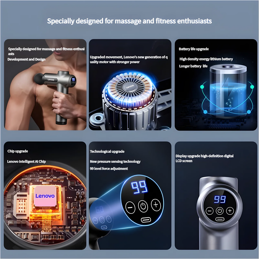 New Lenovo N3 Series Fascia Gun  LED Touch Screen 8Massage Head Muscle Relaxation Massager Relieve Exercise Soreness Portable - Omnia 
