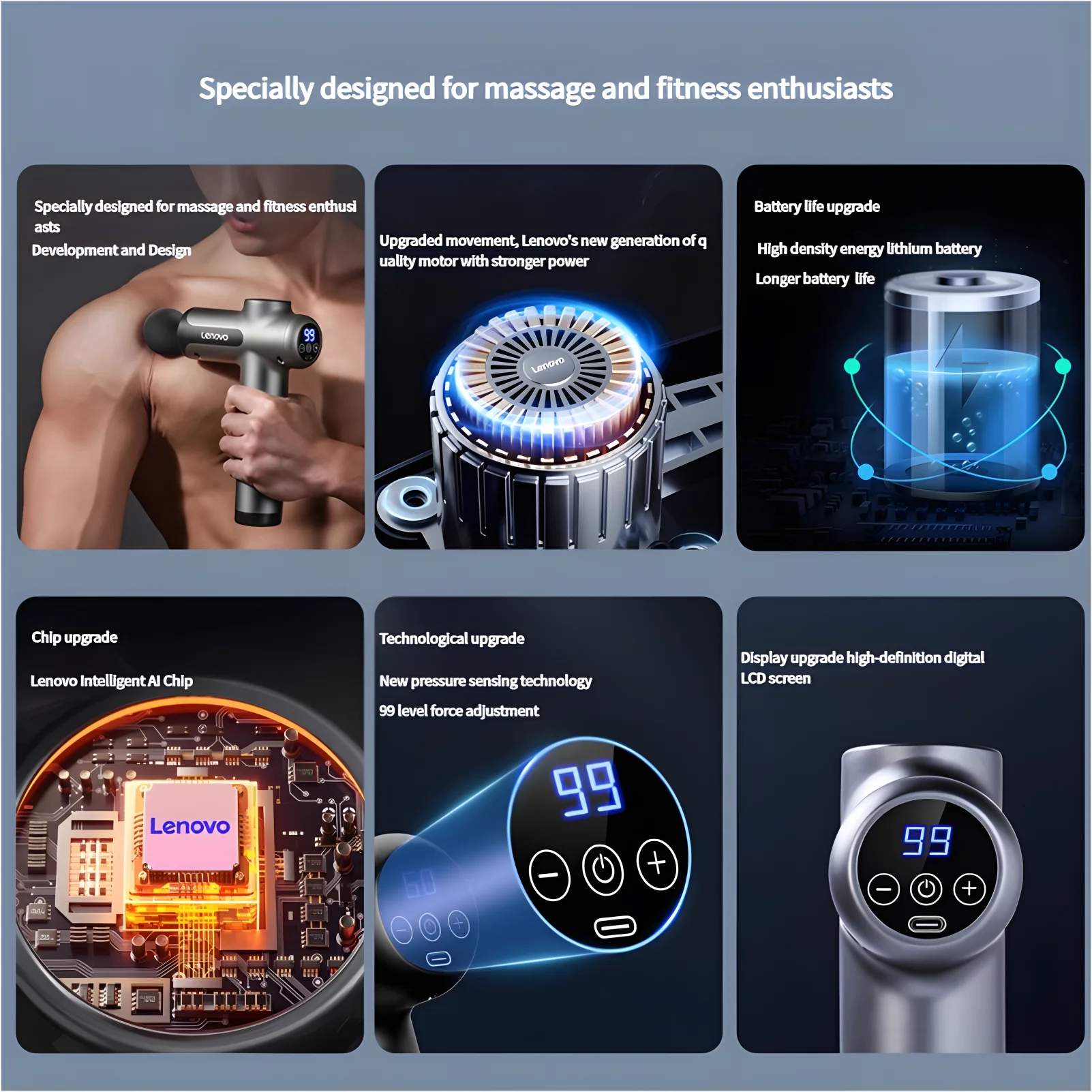 New Lenovo N3 Series Fascia Gun  LED Touch Screen 8Massage Head Muscle Relaxation Massager Relieve Exercise Soreness Portable - Omnia 