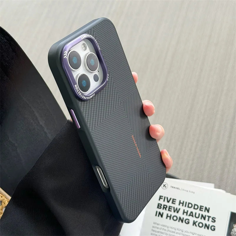 Matte Carbon Fiber Texture Magnetic Case For iPhone 16 15 14 Pro Max Wireless Charging Alloy Lens Shockproof MagSafe Phone Cover - Omnia 