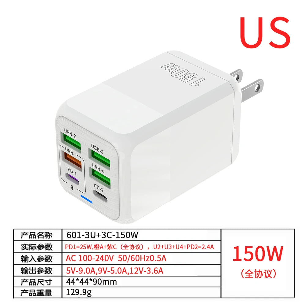 150W 6 Ports Pd QC 4.0 Usb C Fast Charger Wall Adapter Super Fast Charging For Iphone Samsung Ipad Xiaomi Huawei Oneplus Oppo - Omnia 