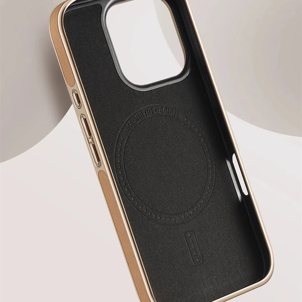 Luxury Plating Frame PU Leather Magnetic Shockproof Case For iPhone 17 Pro Max Air 16 15 14 13 For Magsafe Wireless Charge Cover - Omnia 